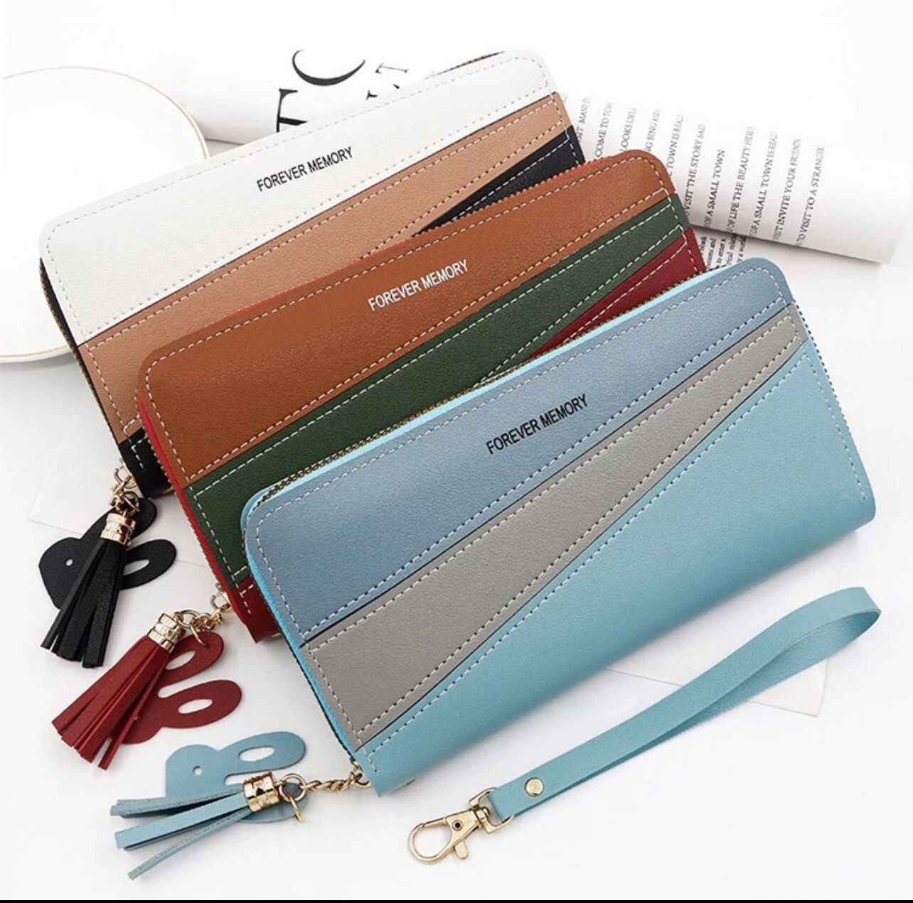 New Korean Style Women&#39;s Long Wallet Multi-Color Zipper Card Holder Coin Purse 2pcs