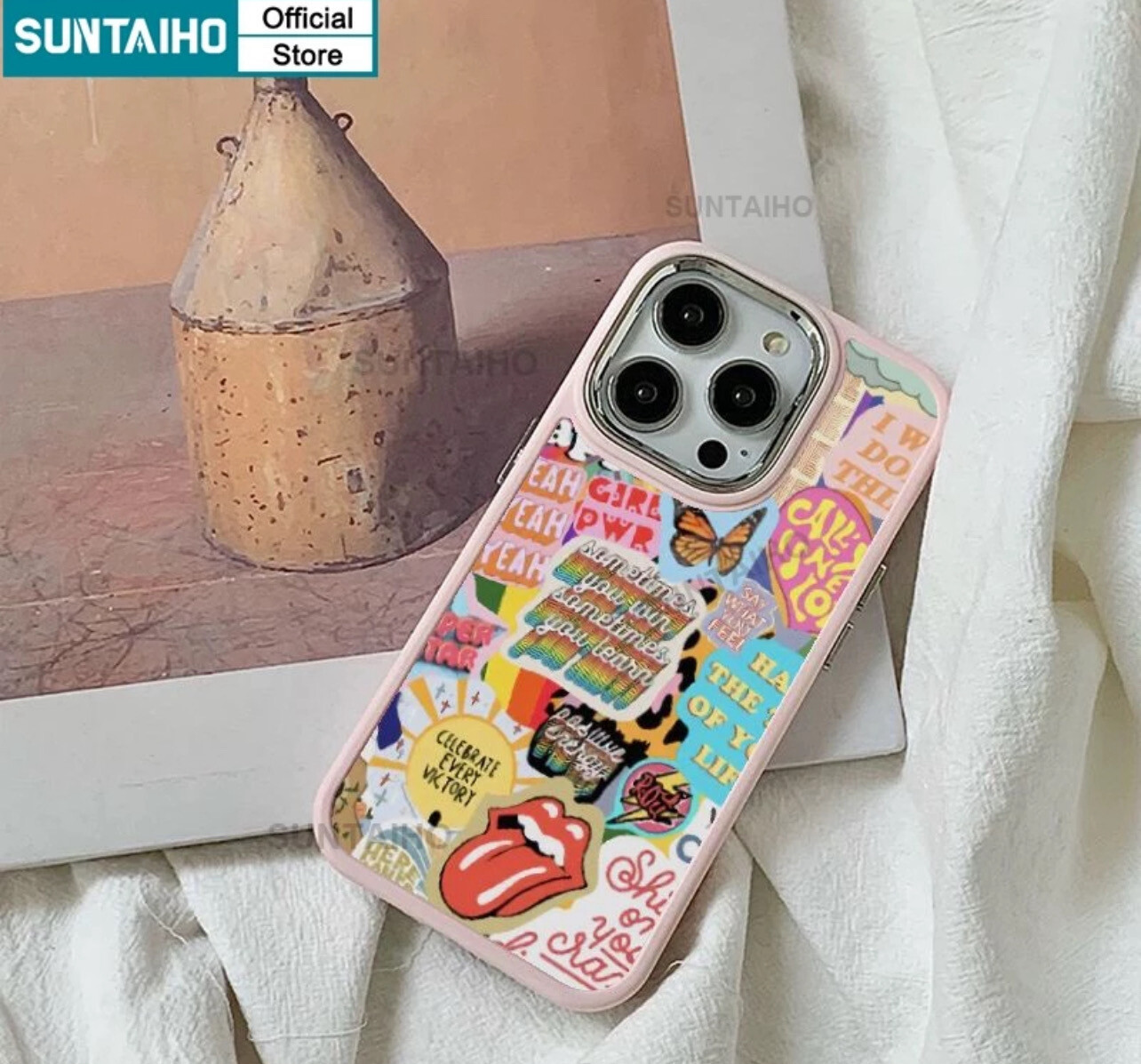 ￼Suntaiho Funny Cute Color Black White Sticker English Motif Premium Phone Case for Iphone 15 14 12 13 11 Pro Max IP 7 8 Plus Iphon X XR XS Max Soft Silicone Shockproof Back Cover(💋Mix Buy 3pcs)
