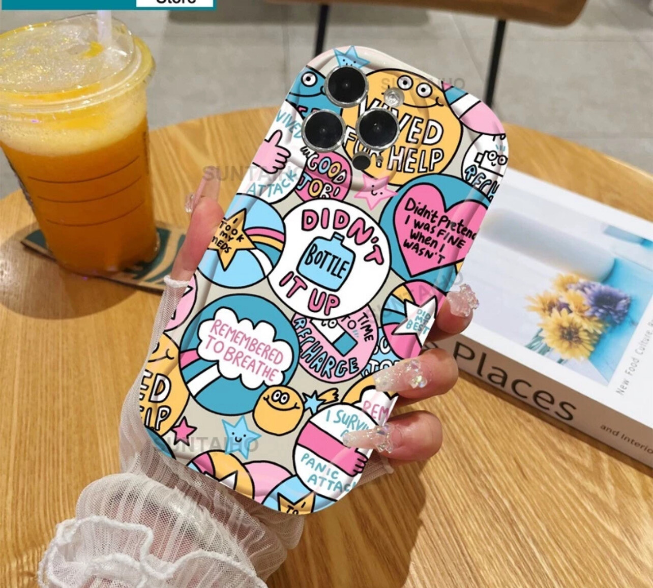 ￼Suntaiho Casing English Graffiti IPhone 14 Xr 13 11 12 Pro Max 8 7 Plus X Xs Max 13 12 11 TPU Soft Phone Cover Black and White(💋Mix Buy 3pcs)