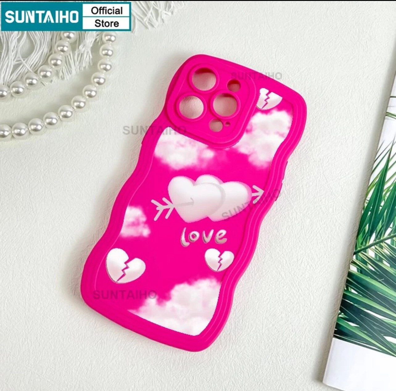 ￼Suntaiho Rose-red Wave Phone Case Fashion Sweet Girl Love Heart Clouds Pattern Phone Case for iPhone 14 12 13 11 Pro Max XS X XR XS Max 7 8 Plus Silicone Soft Case(💋Mix Buy 3pcs)