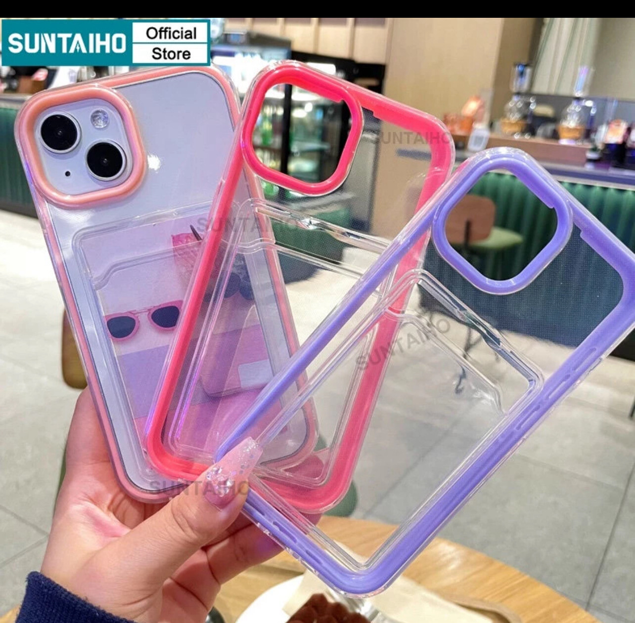 ￼Suntaiho Candy Colour Crystal Clear Card Slot Bag Holder Soft Case Bumper for iPhone 11 12 1314 Pro Max XR Xs Max X 6 6s 7 8 Plus Shockproof Wallet Cover(💋Mix Buy 3pcs)