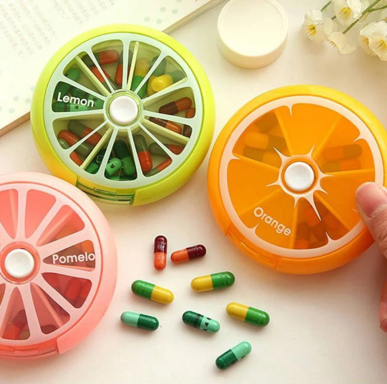 Portable Rotating 7 Day Weekly Pill Organizer Travel Medicine Tablet Holder Storage Case Box, Cute Fruit Style 4pcs