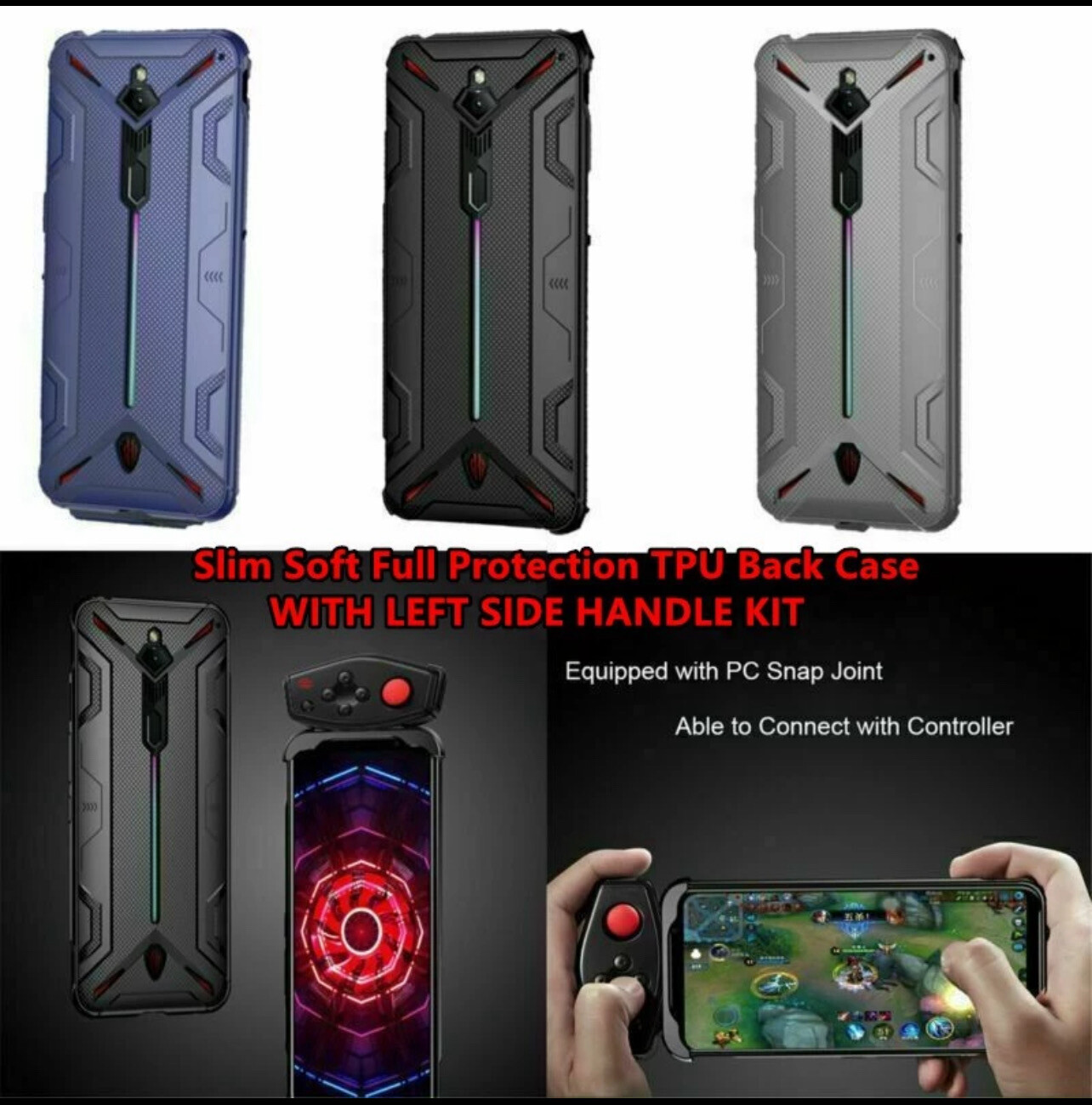 ￼NUBIA RED MAGIC 3 3S / RED MAGIC 6 6PRO 6S PRO Slim Soft Full Protection Back Case WITH LEFT SIDE HANDLE KIT + Screen Protector