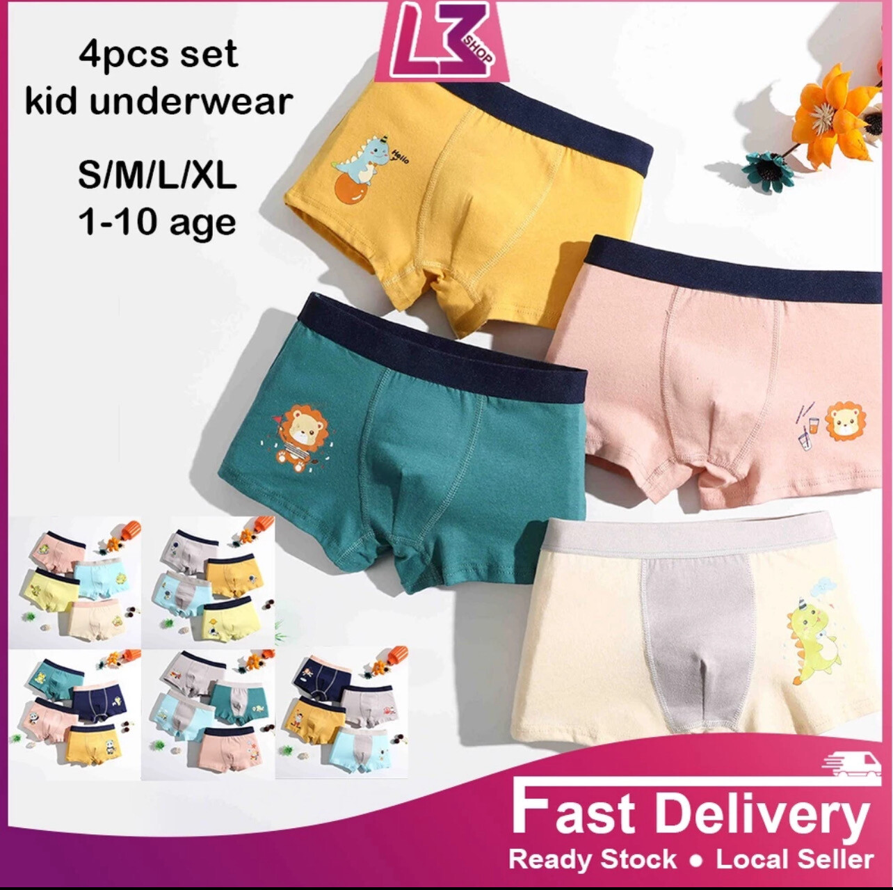 ￼Ready Stock 4pcs Boy Panties Kids Cartoon Underwear Teenager Boxer Underpants Seluar Dalam Budak Lelaki 2-15 Year old 1set