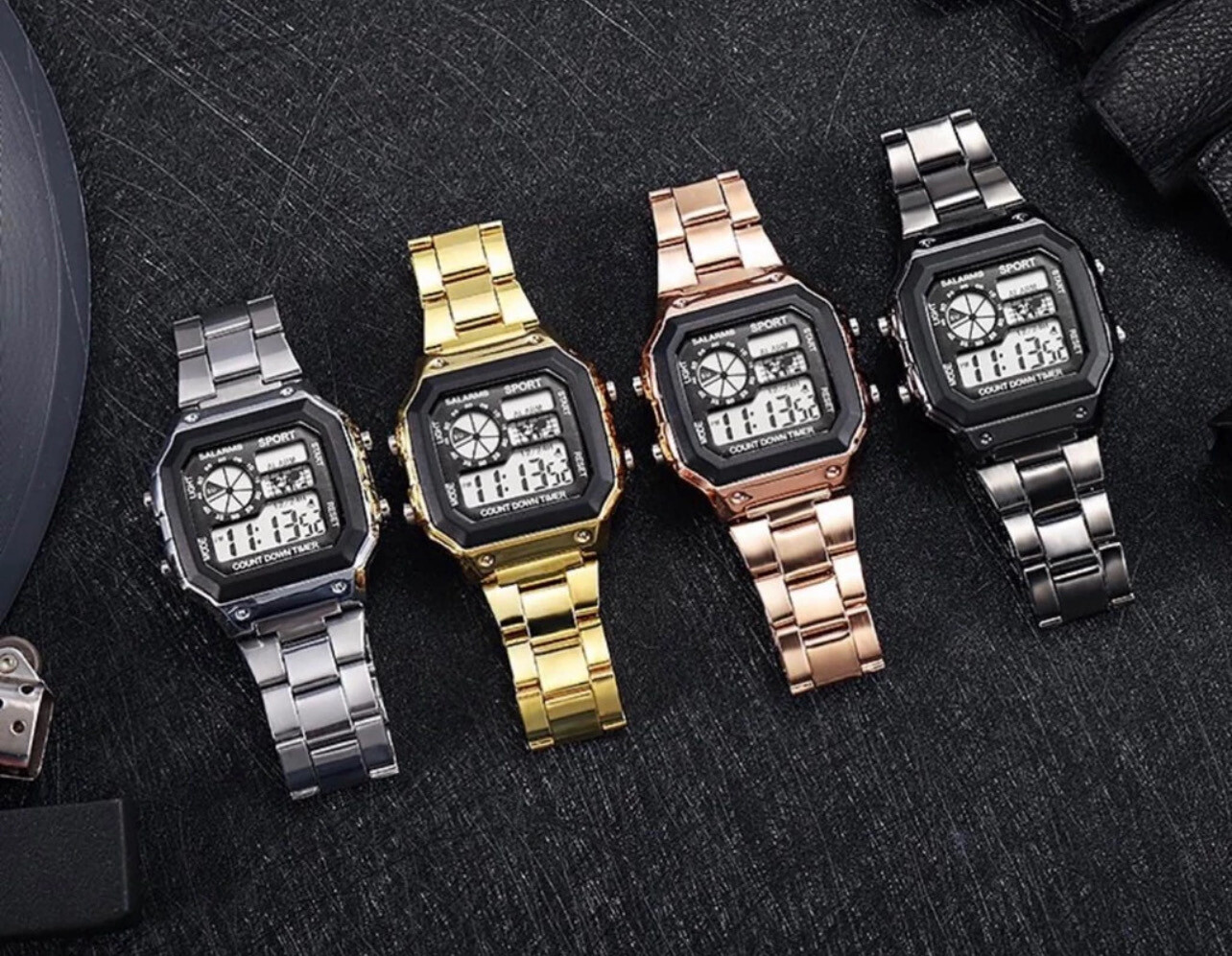 Popkozzi Men&#39;s watch Fashion LED watch Square watch Steel band Electric watch 2pcs