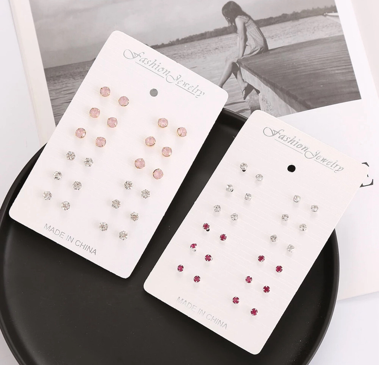 12 Pairs/set Fashion Alloy Pink Crystal Stud Earrings Set for Women 4set