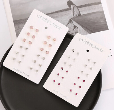 12 Pairs/set Fashion Alloy Pink Crystal Stud Earrings Set for Women 4set
