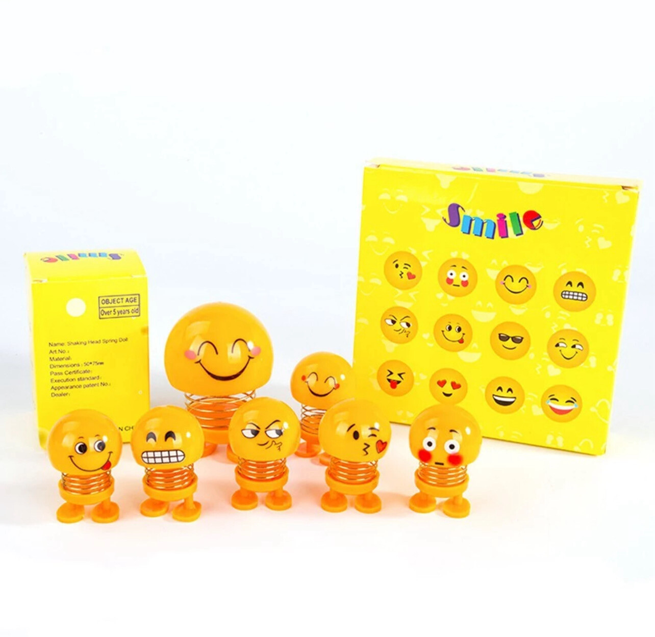 Popkozzi 6 Pcs/Set Cute Emoji Mini Shaking Head  Dolls Funny Smile Face Springs Dancing Toys Car Decor 2 box + 2 big size