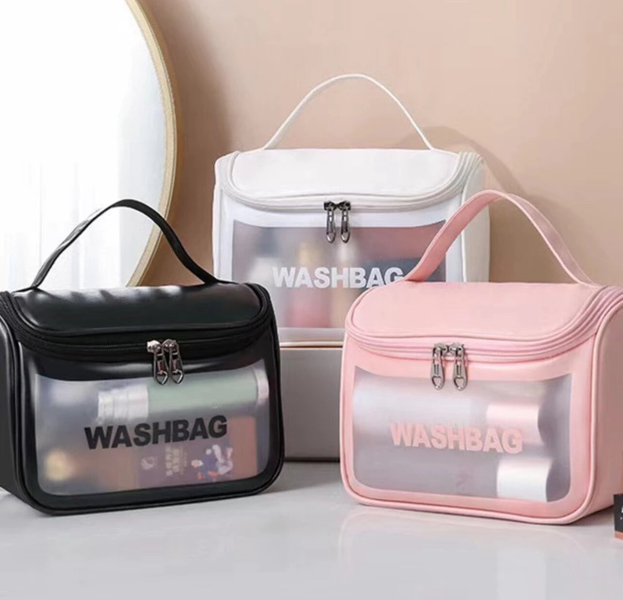 ￼[MALAYSIA READY STOCK] The Beauty Street Waterproof TPU Toiletries Cosmetic Bag Make Up PVC Pouch Travel Organizer 2pcs