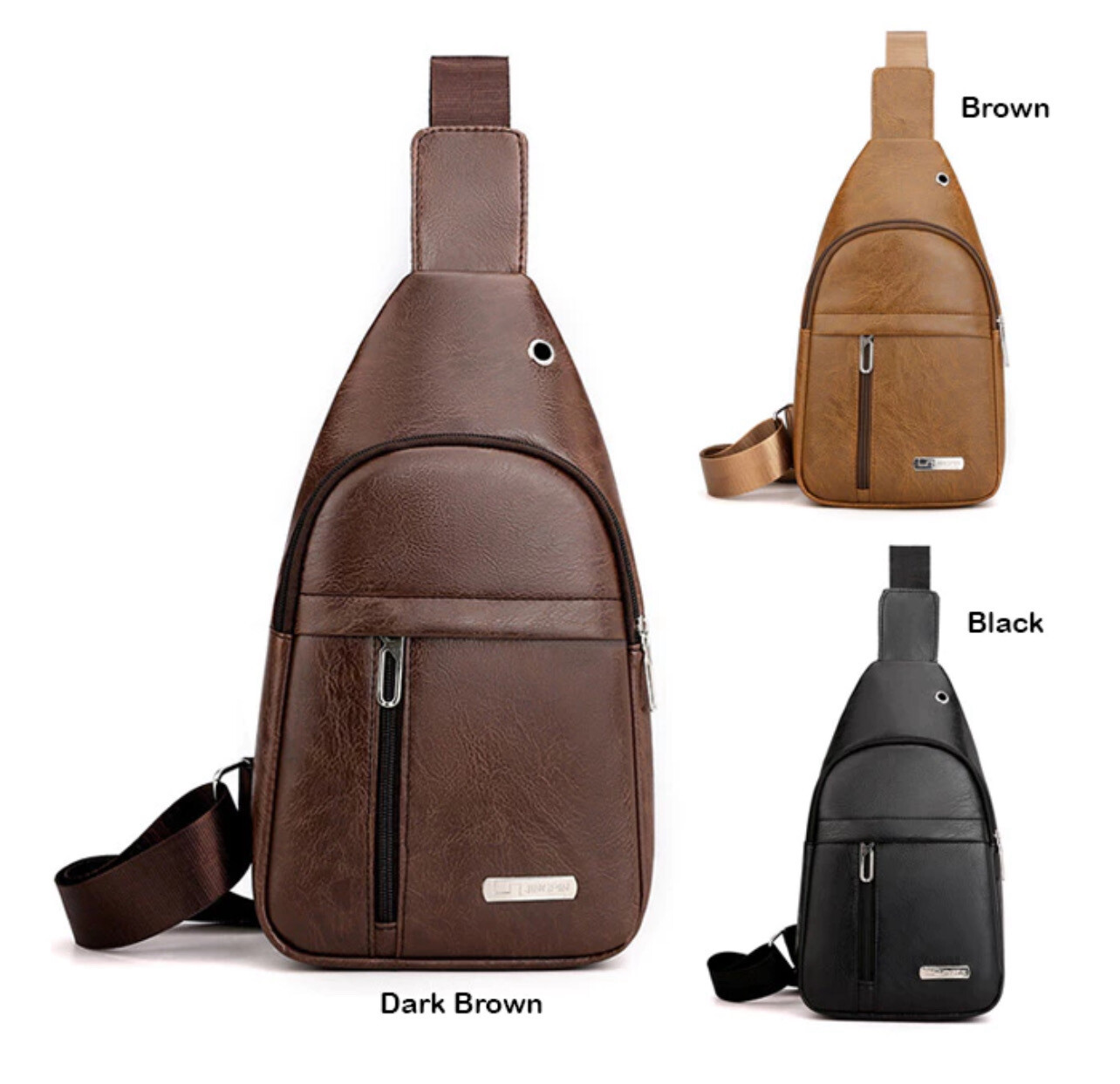 ￼SKM Men&#39;s Casual Leather 2 Zipper Chest Crossbody Bag SK587 2pcs