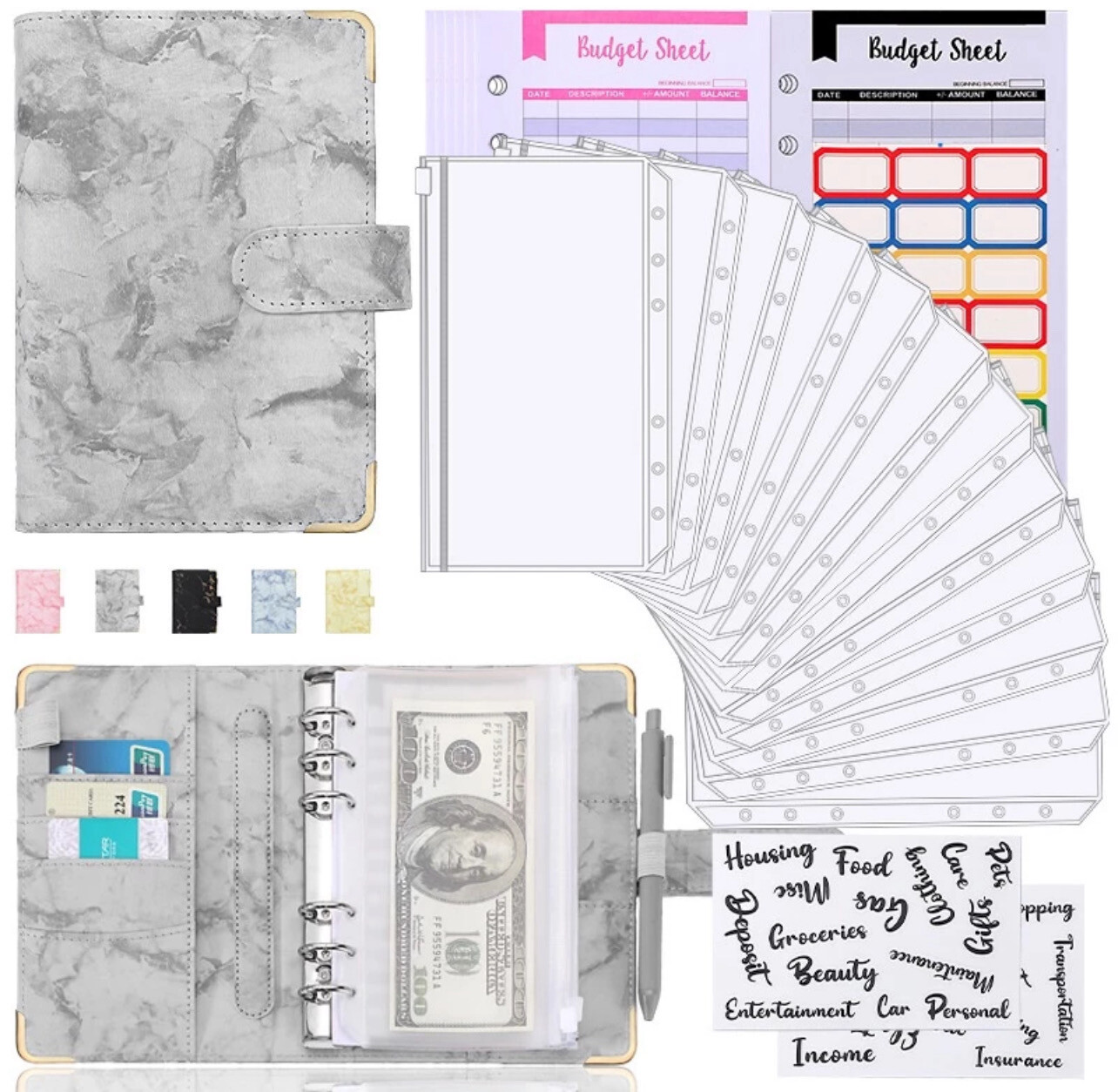 Marble Cover A6 Binder with Protective Corner Zipper Pockets Cash Envelopes for Budgeting Money Storage Book