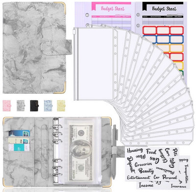 Marble Cover A6 Binder with Protective Corner Zipper Pockets Cash Envelopes for Budgeting Money Storage Book