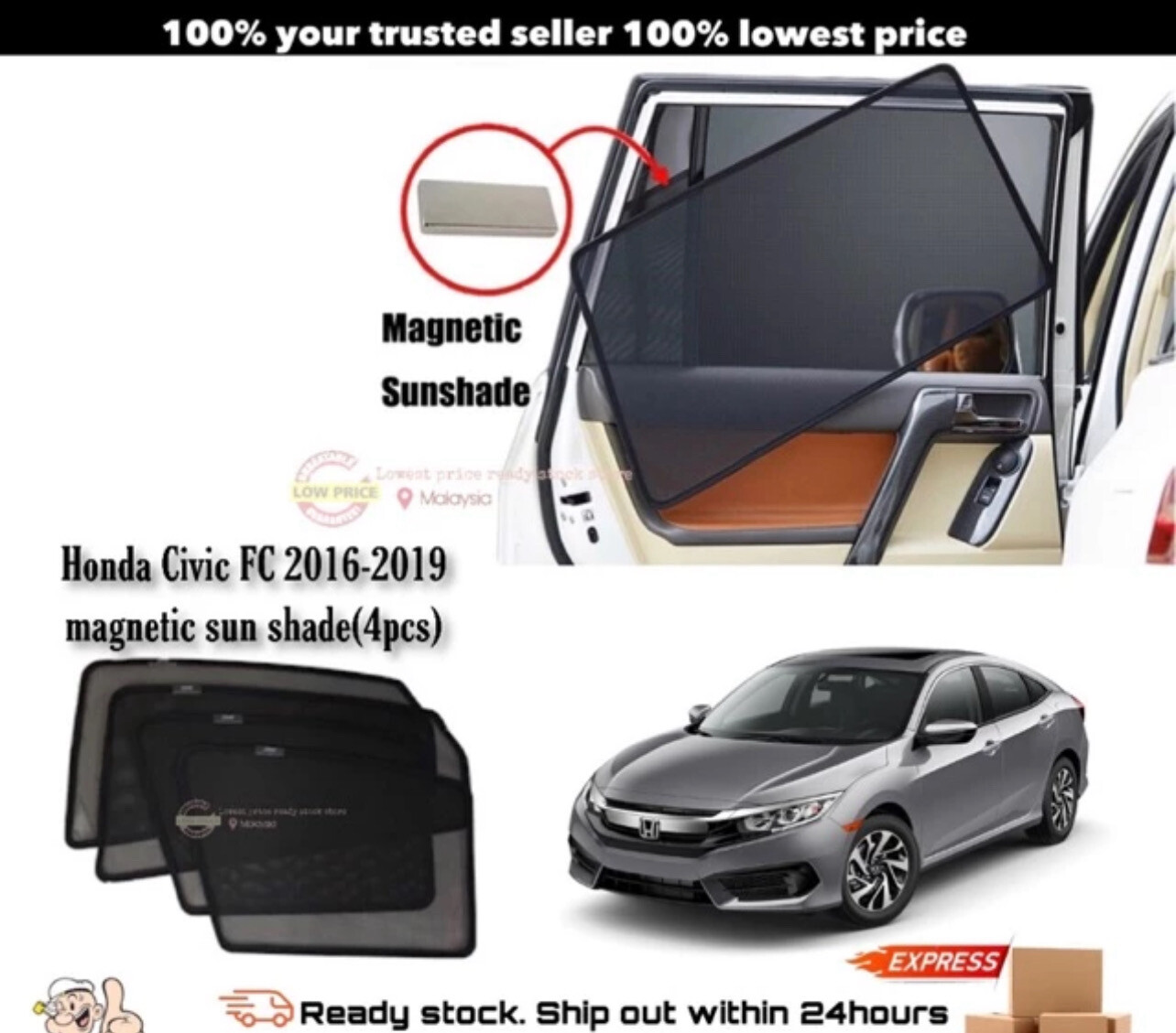 ￼Magnetic Sun Shade Honda Civic FC 2016-2020 (4pcs)