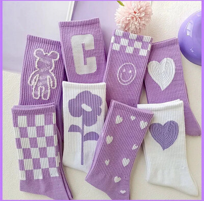 Women Cotton Socks Purple Heart Print Middle Tube Sock Hip Hop Socks Street Wear Skateboard Socks Sports Sock For Girls 7pcs