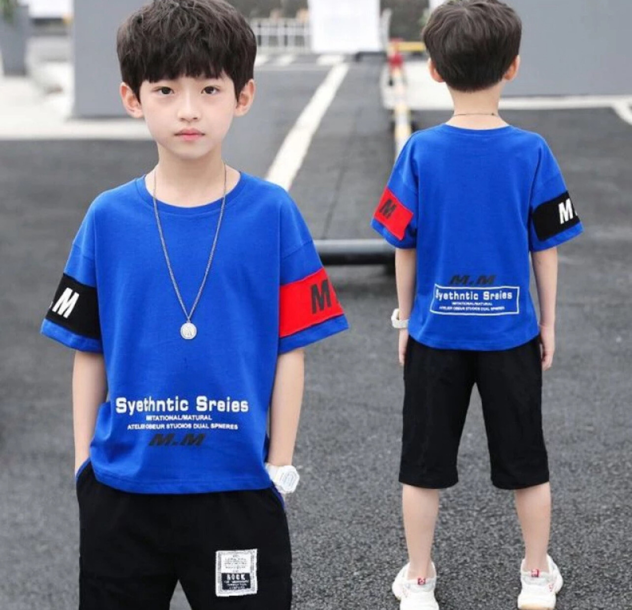 ￼Boy Summer Clothing Handsome Two-piece Children Clothes T-shirt and Shorts Set 1set