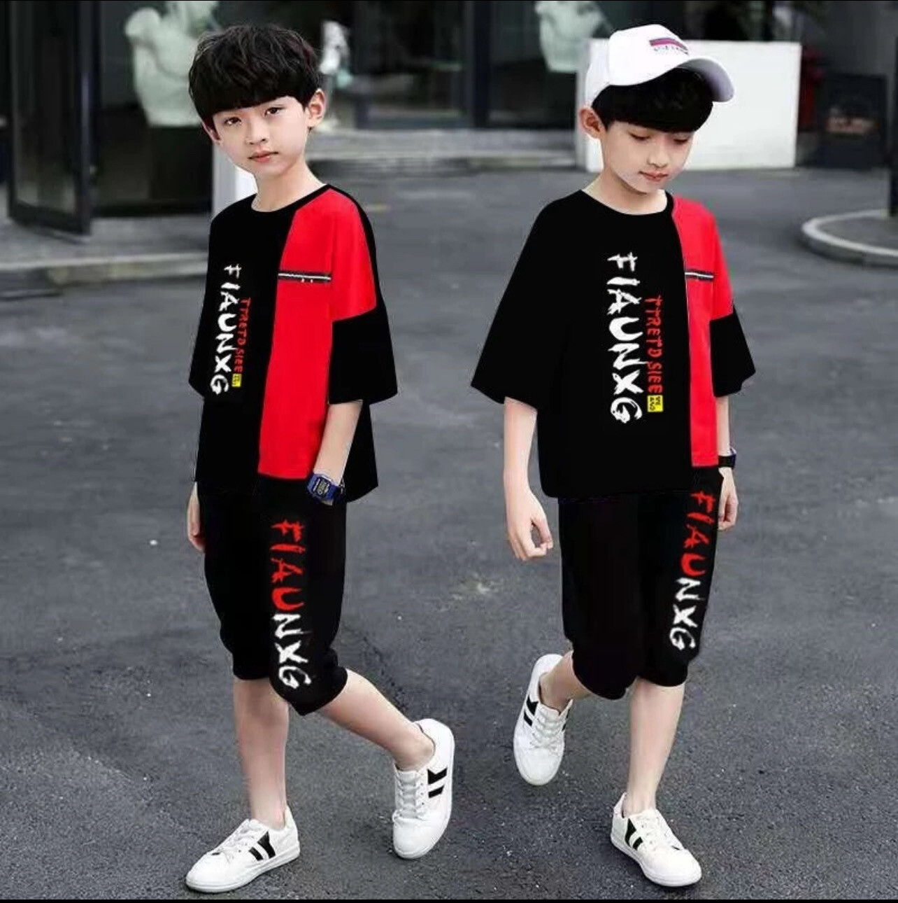 ￼Kids 2-13 years 2pcs/set Boy Summer Clothing Handsome Black White Clothes T-shirt and Shorts Suit 1set