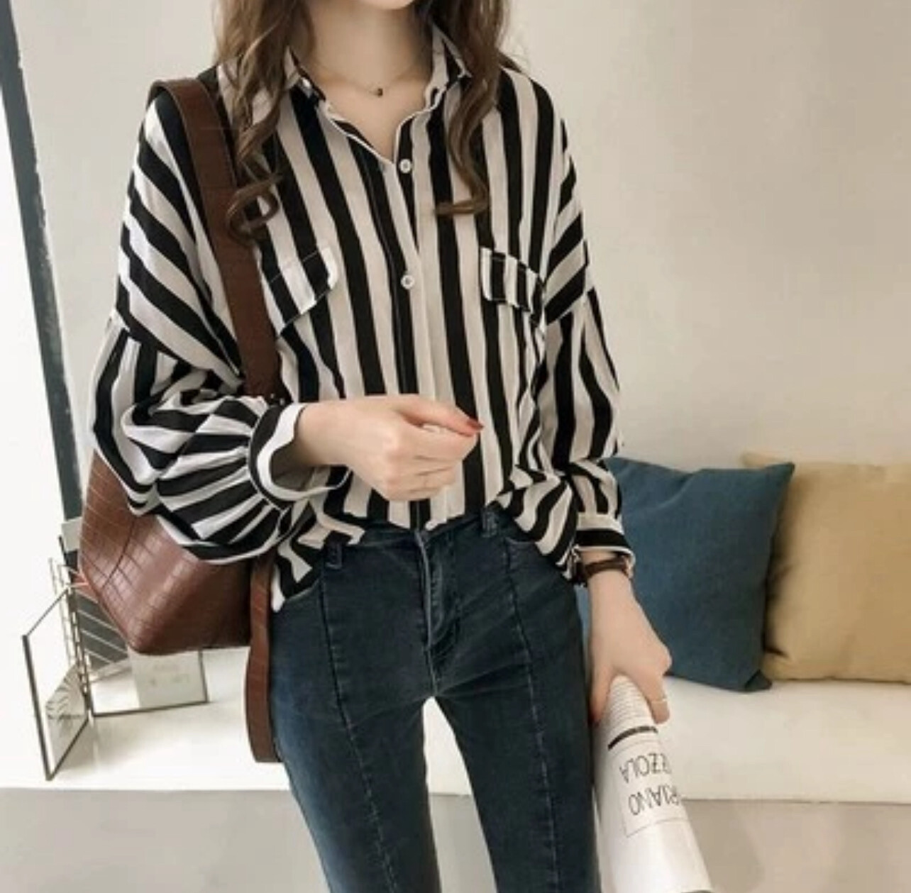 ￼korean style women ladies stripe shirt blouse baju baju wanita lengan panjang