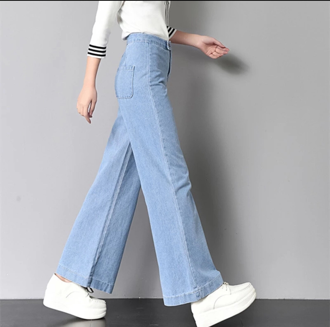 ￼Women Korean Pants High Waist Jeans Palazo Pants Denim Long Pants Trousers CELANA WANITA