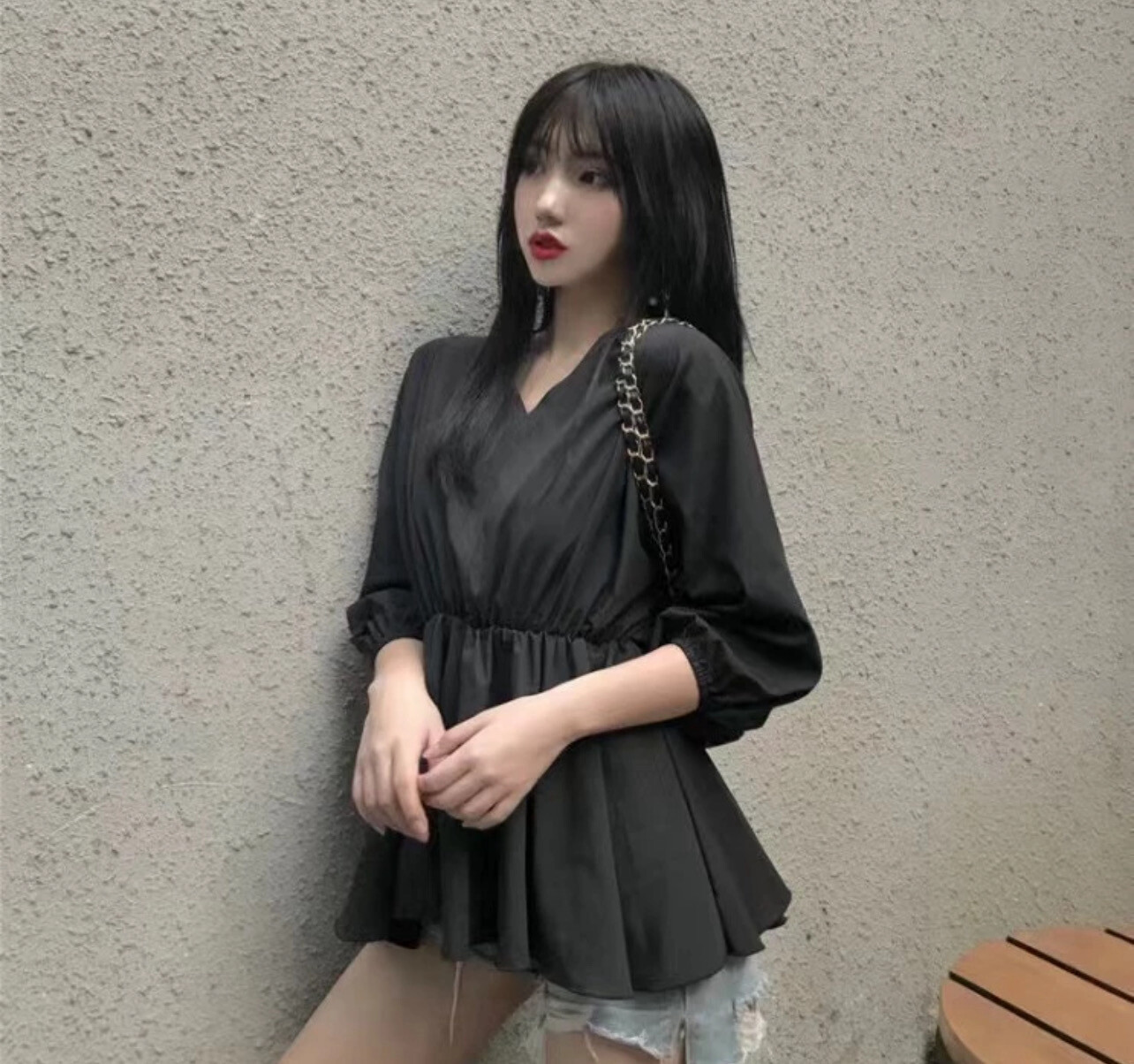 ￼Korean Fashion Women Temperament Batwing Sleeve Plus Size Slim Waist V Neck Shirt Blouse Baju Baju Wanita Lengan Panjang