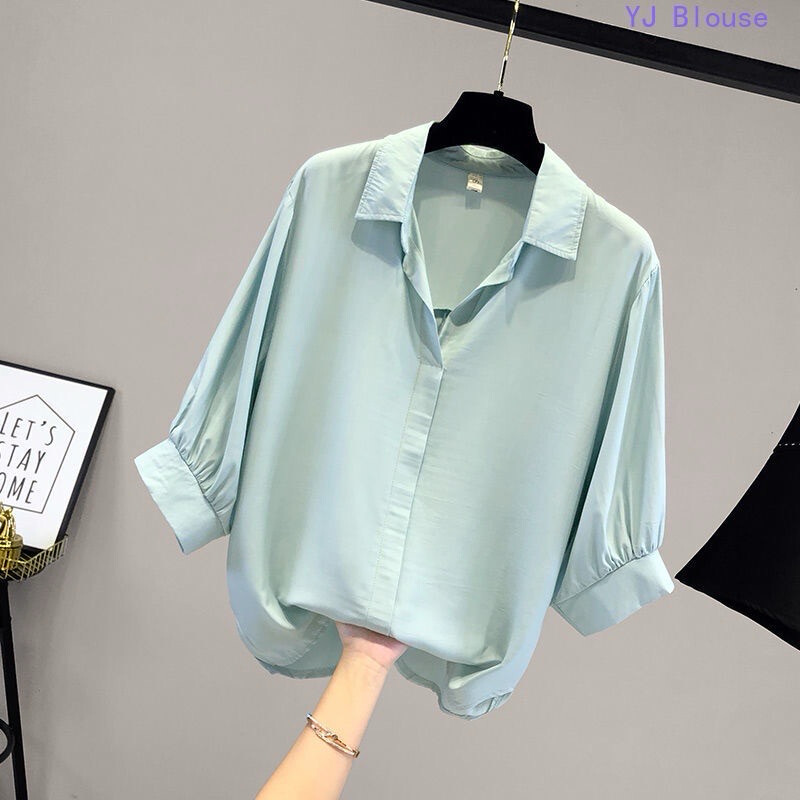 ￼Chiffon Blouse Plus Size Women&#39;s Summer Korean Style V-neck Fashion Loose Short Sleeve Shirt