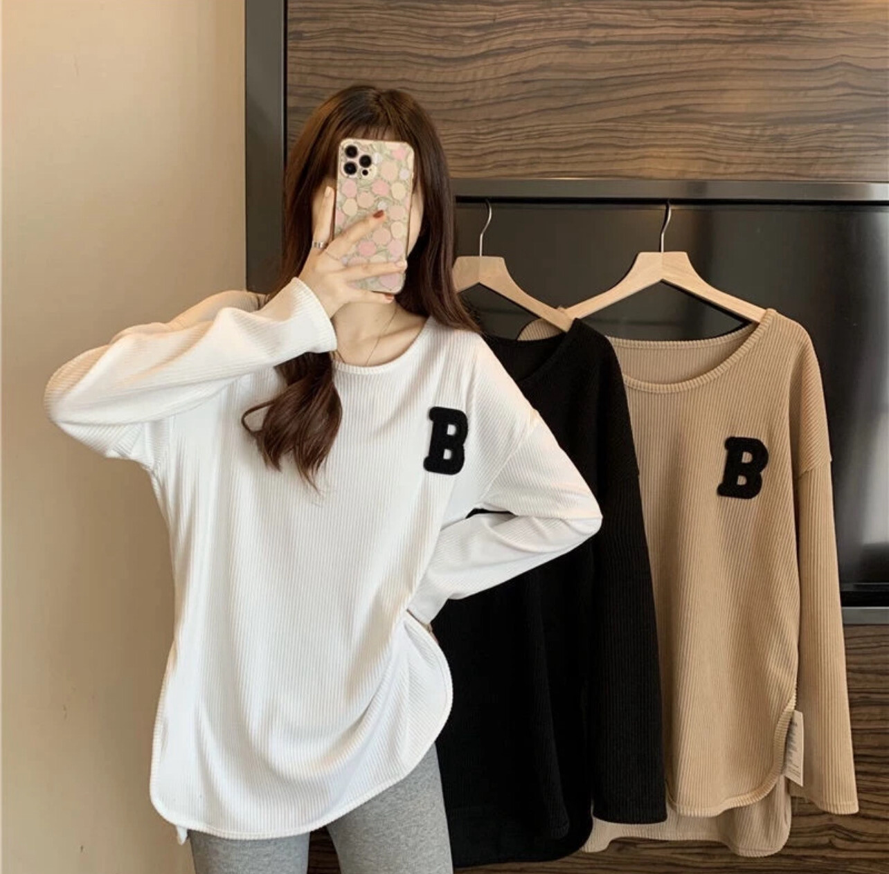 ￼Waffle T Shirt Plus Size Women Long Sleeve Baggy Shirt Slimmer Look Baju Perempuan Lengan Panjang