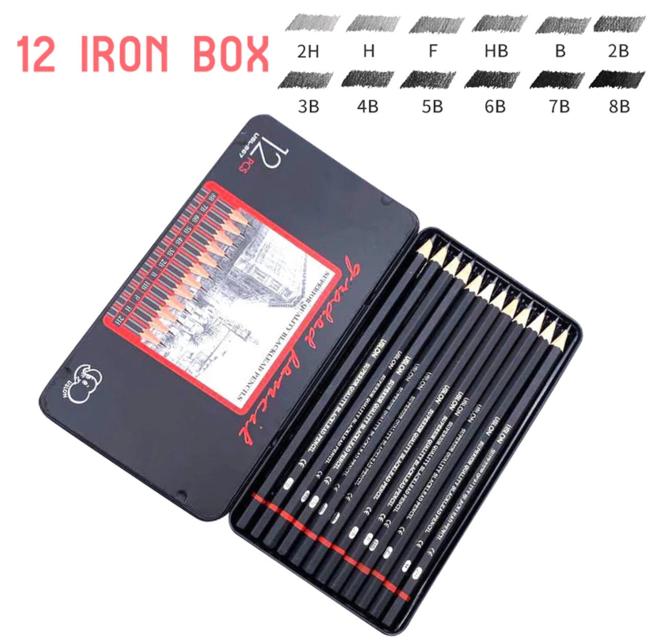 ￼12 PCS/Lot Wooden Lead Pencils Set 2H-8B Metal box packed Professional drawing writing pencils Smooth use Pre-sharpened 2box