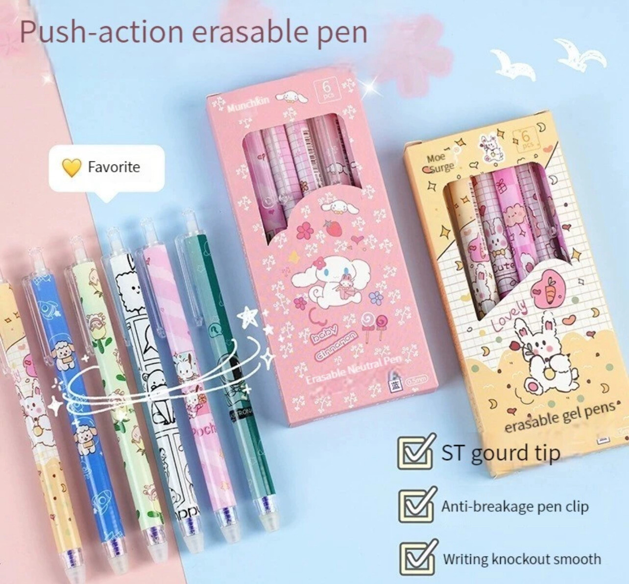 ￼Press Erasable Gel Pen 0.5mm Crystal Blue Charcoal Black st-Head Friction Easy-To-Erase Refill Primary School Stu 3set