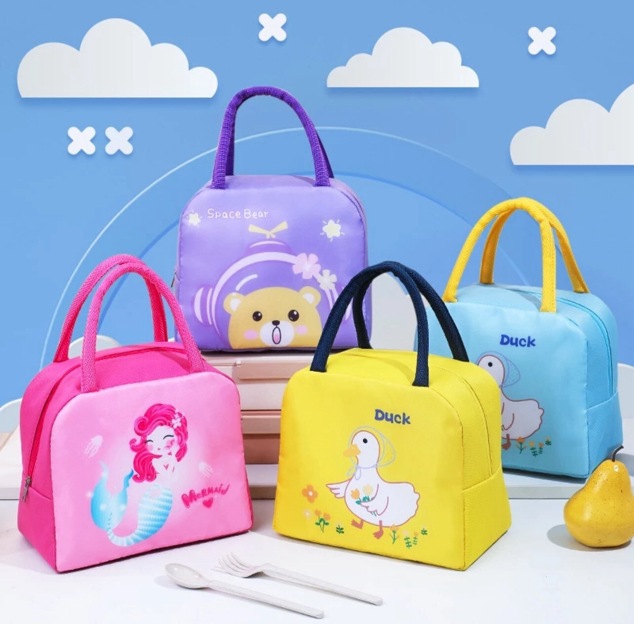 Cute Mermaid Lunch Bag Cartoon Bento Box Bag Small Thermal Insulated Pouch for Kids Children School Snacks Lunch Box Container Tote Handbag 2pcs