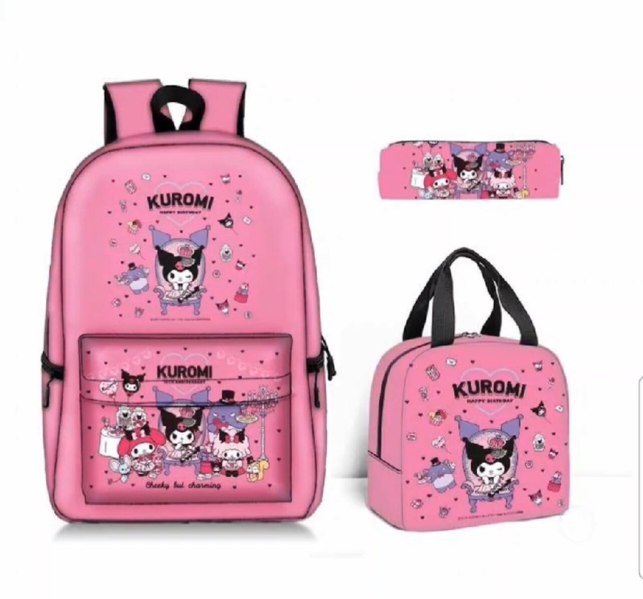 3pcs/set Sanrios Kuromi Kawaii Cartoon Backpack Canvas Shoulder Crossbody Bag Pen Bag Stationery Pouch Schoolbag Teens Kids Gift 1set