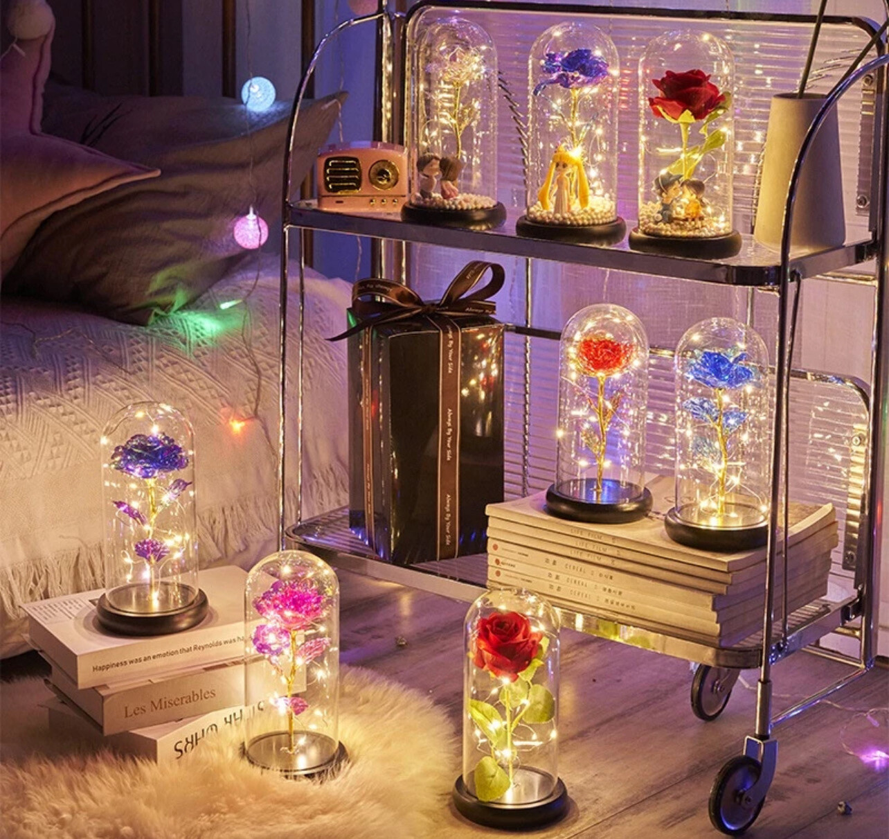 ￼Artificial Flower Rose with LED Light In Glass Dome Gifts for Mothers Day,Valentine’s Day,Anniversary,Wedding,Home Decor(Battery not included)