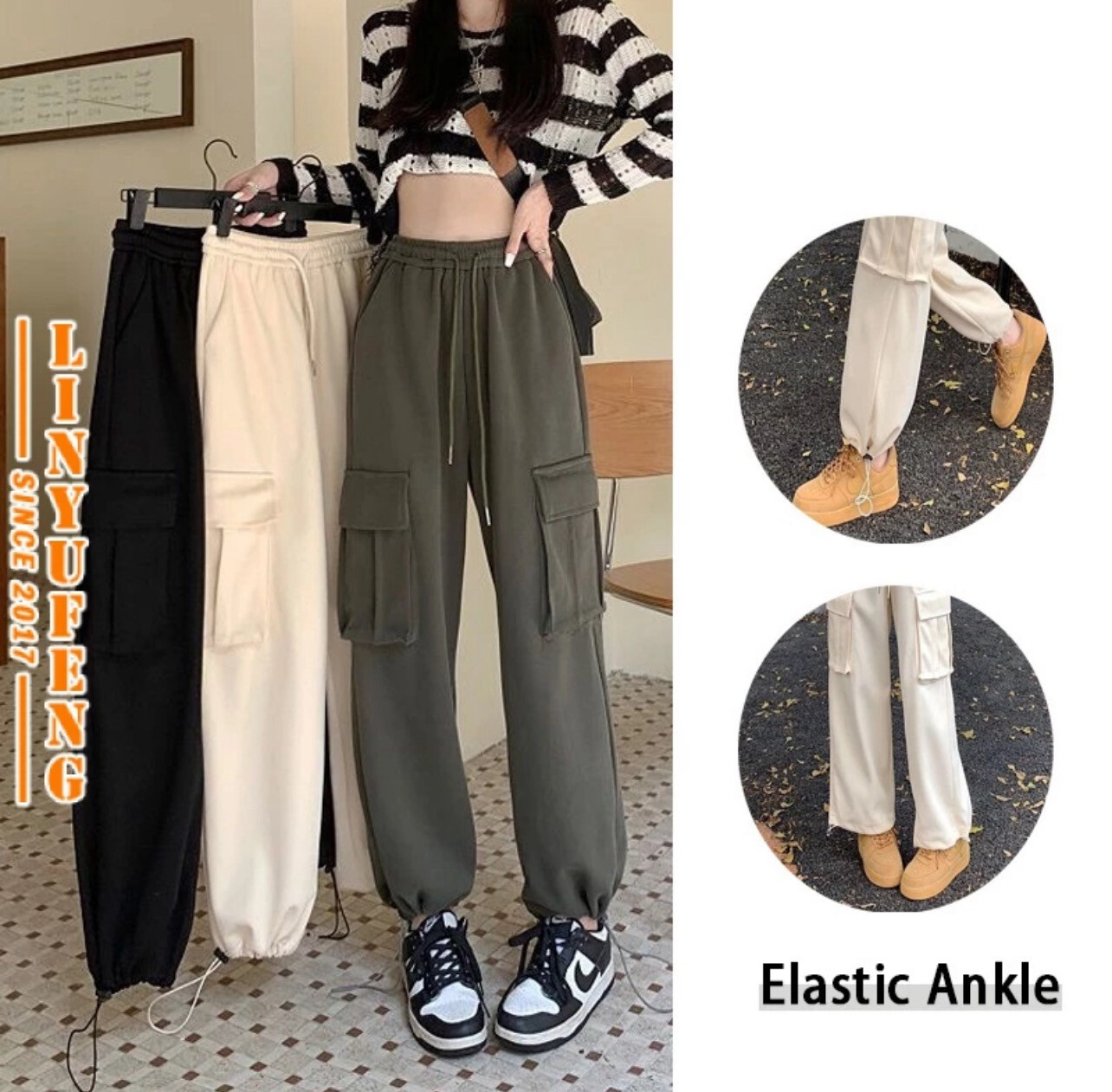 S-2XL Long Cargo Pants Women Korean Style High Waist Loose Casual Black Drawstring Wide Leg Straight Cut Baggy Jogger Sport Sweat Parachute Jogging Woman Ladies Trousers Celana Seluar Kargo Slack Trac