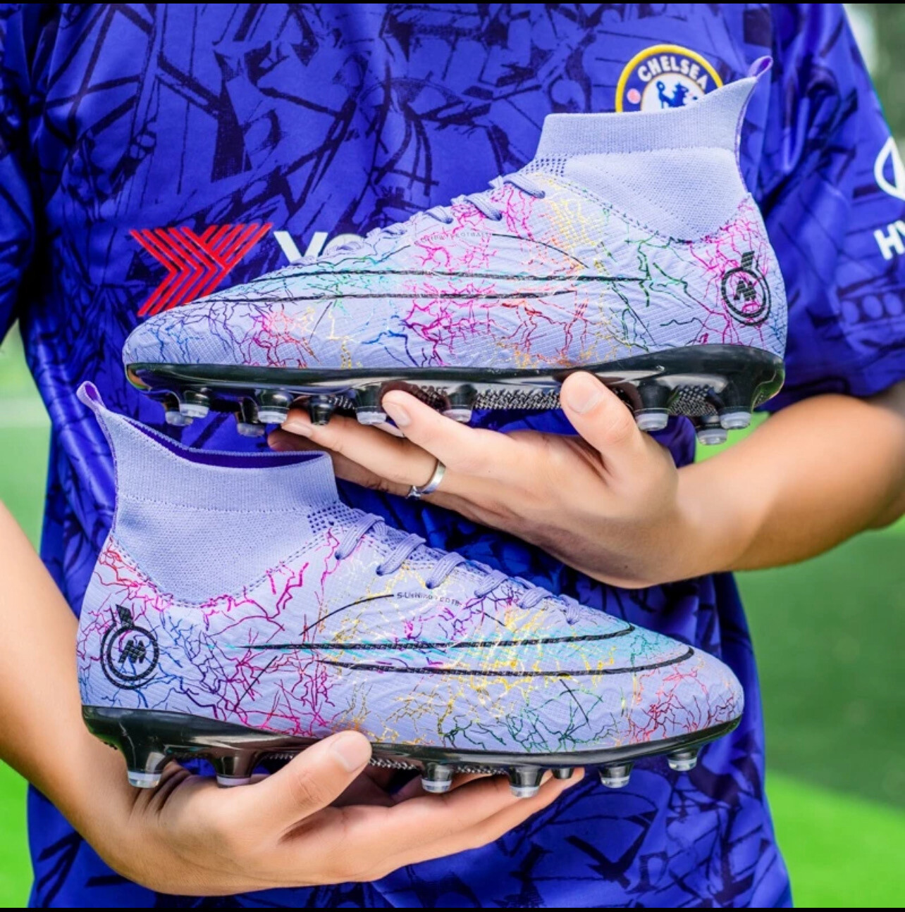 Large Size Youth High-Top Spiked Football Boots Grass Training Shoes Sports Shoes High-Top Football Boots Long Spike Football Boots Men&#39;s Women&#39;s Training Shoes Competition Training Football Boots Gra