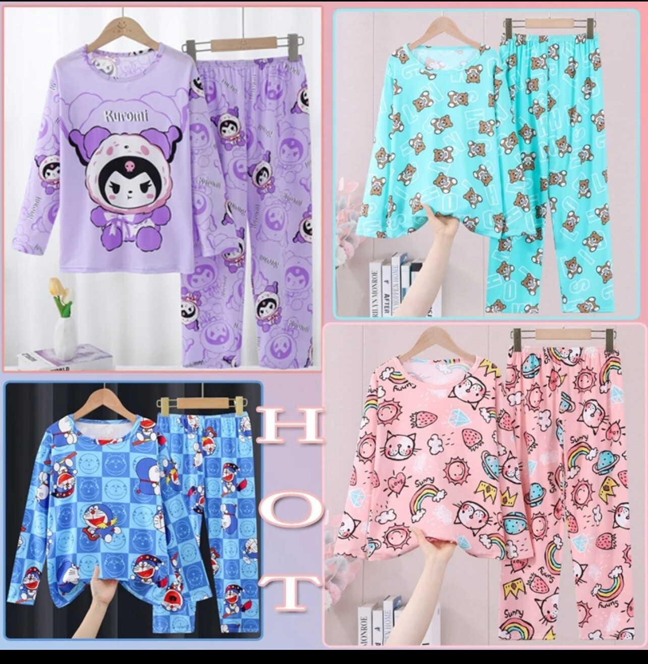 ￼Girls Cartoon Children&#39;s Pajamas Long-Sleeved Boys Medium Large Home Clothes kids pyjamas baju tidur budak perempuan baju 1set