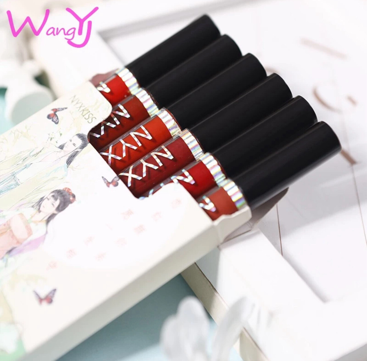 NYXKISS 6 Pcs Gift Box Set Velvet Matte Lip Mud Lip Glaze Matte Lipstick Long-lasting Non-fading Non-stick Cup 2set