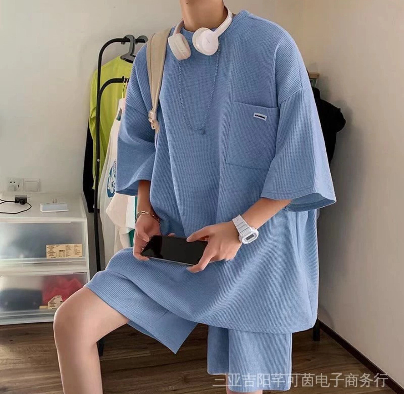 [Ready Stock Free Shipping] T-Shirt Suit Shirt Two-Piece Street Wear Waffle Short-Sleeved Loose Half-Sleeve Straight Wide @ 1set (M-2XL)