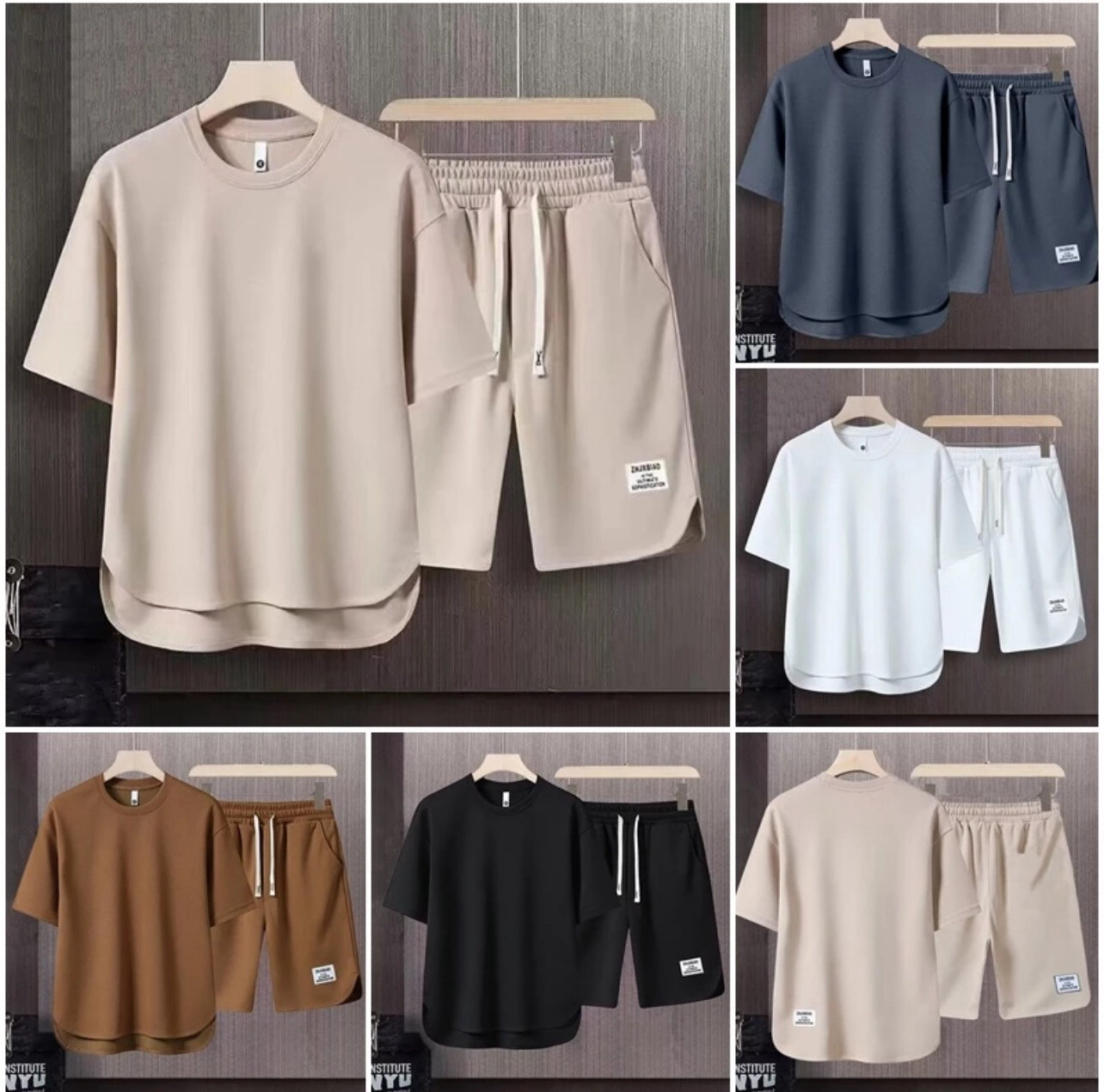￼【One Set】Summer Korean style Waffle label sukan Set untuk lelaki Plain Tshirt+Shorts Apricot Top Couple Casual loose Suit Summer Japanese simple fashion trend retro Outfit  for men 1set