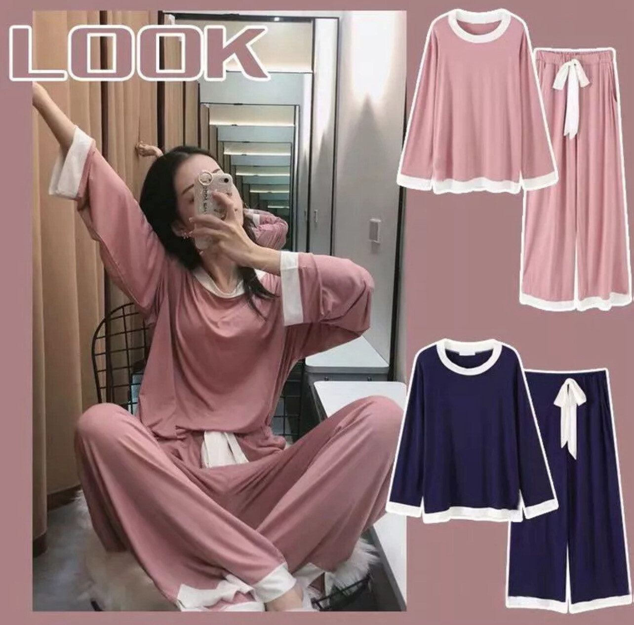 2PCS/Set Spring Autumn Round Neck Long-sleeved Shirt + Elastic Soft Trousers Cute Net Red Large Size Pajamas Tracksuit Two-piece Suit (M-2XL)