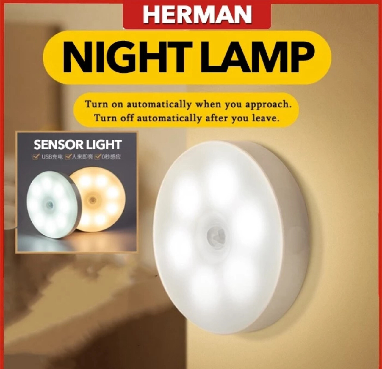 ￼HERMAN 😍 Rechargeable Sensor Night Light, Wireless Body Induction Lamp, Motion Sensor Light, USB charging LED Night 4pcs