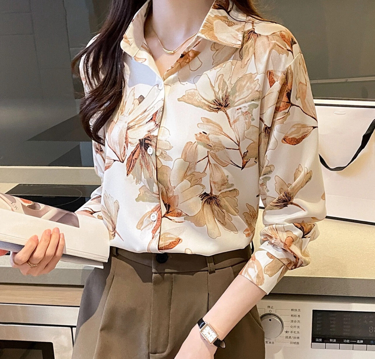 ￼Fashion Women&#39;s New Lapel Top Casual Printed Long Sleeve Comfortable Loose Shirt (S-XL)