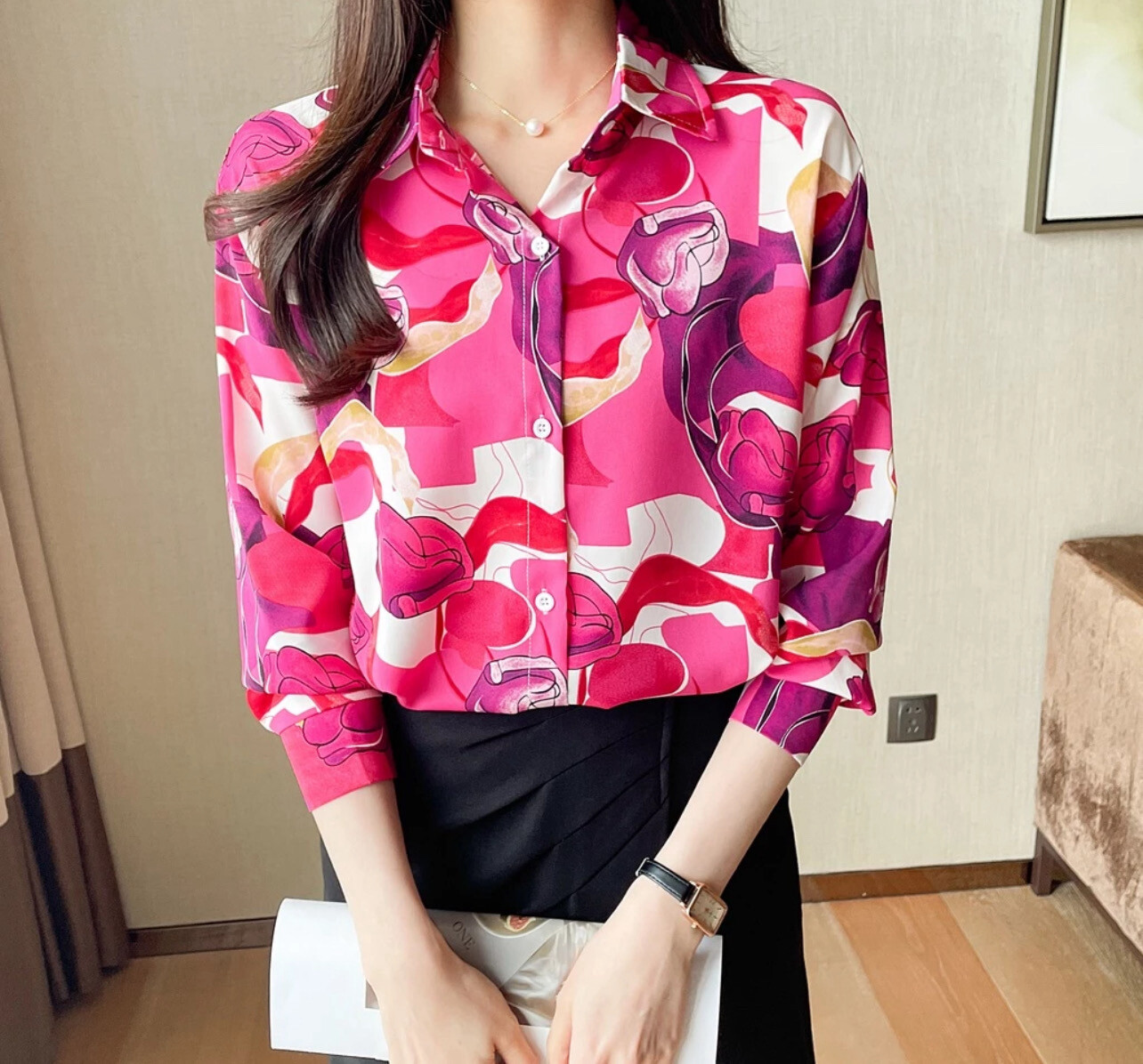 ￼Fashion Women&#39;s New Lapel Top Casual Printed Long Sleeve Comfortable Loose Shirt (S-XL)
