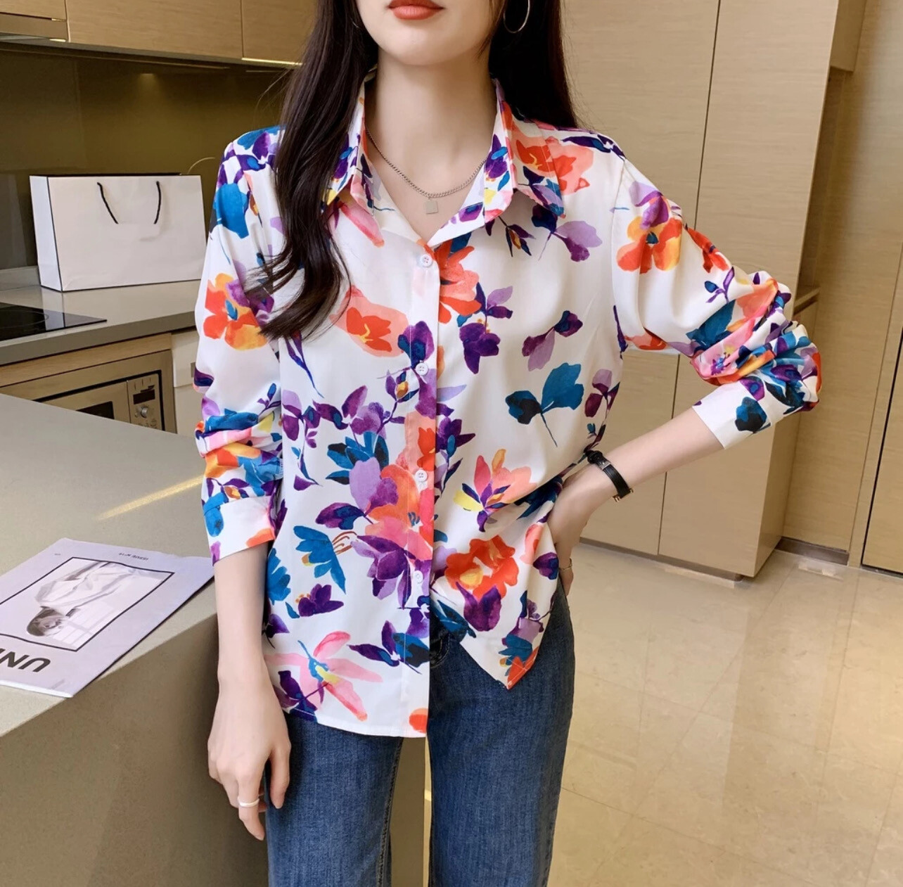 ￼Fashion Women&#39;s New Lapel Top Casual Printed Long Sleeve Comfortable Loose Shirt (S-XL)