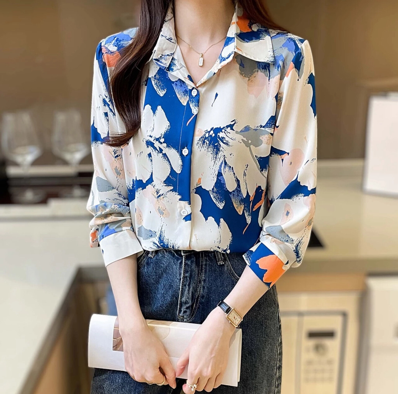 ￼Graphic Print Button Front Shirt, Versatile Long Sleeve Shirt For Spring &amp; Fall, Women&#39;s Clothing (S-XL)