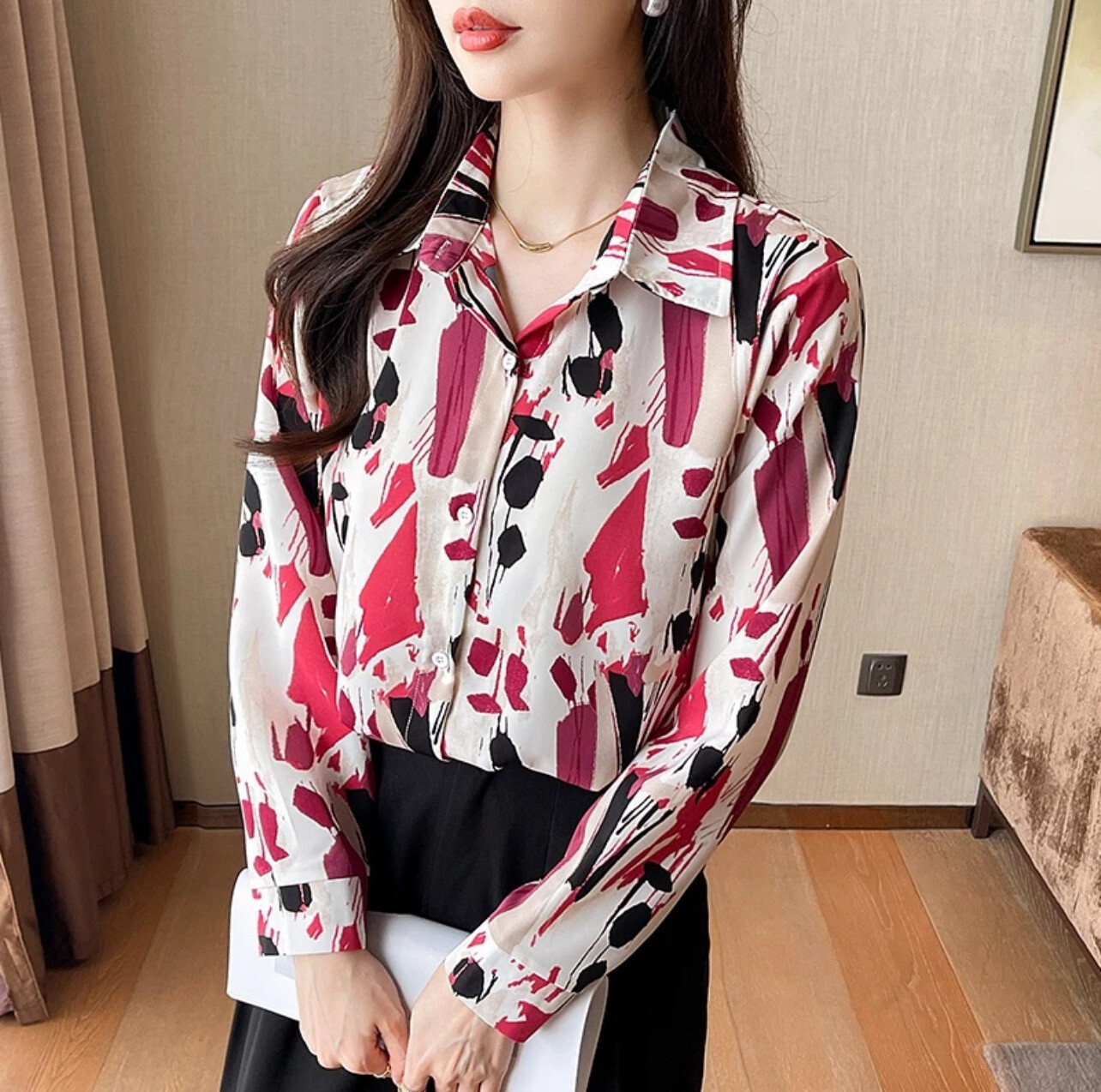 ￼Fashion Women&#39;s New Lapel Top Casual Printed Long Sleeve Comfortable Loose Shirt (S-XL)