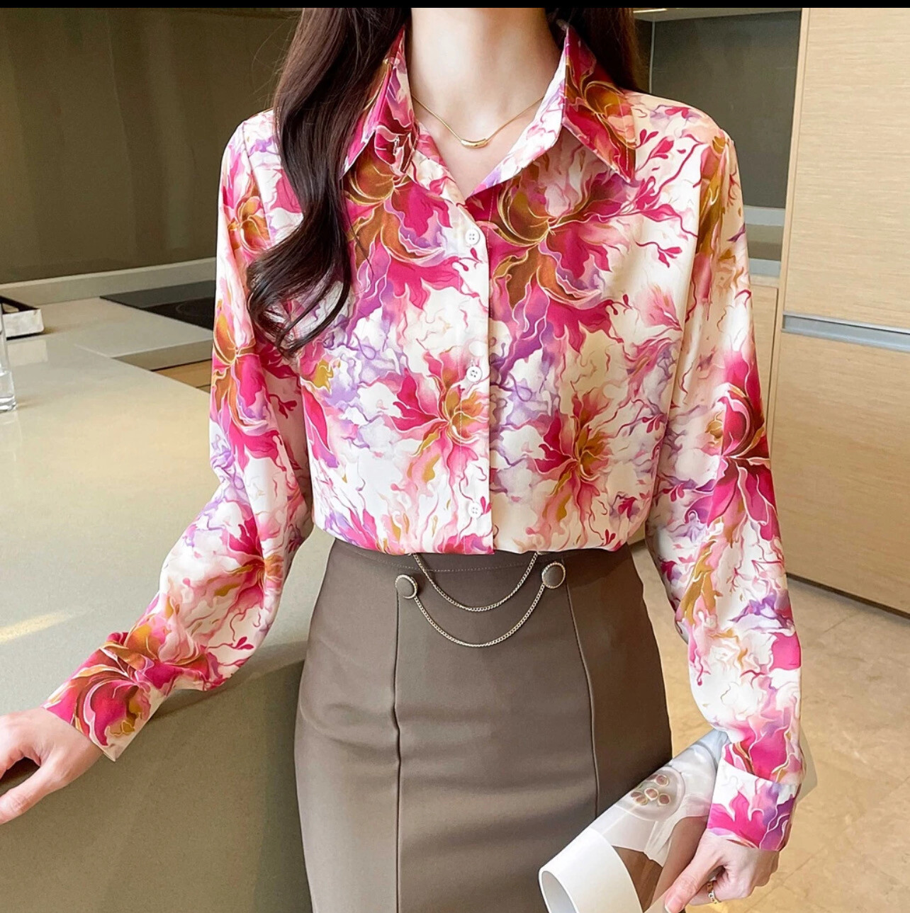 ￼Colorblock Graphic Print Button Shirt, Elegant Polo Collar Long Sleeve Shirt For Spring &amp; Fall, Women&#39;s Clothing (S-XL)