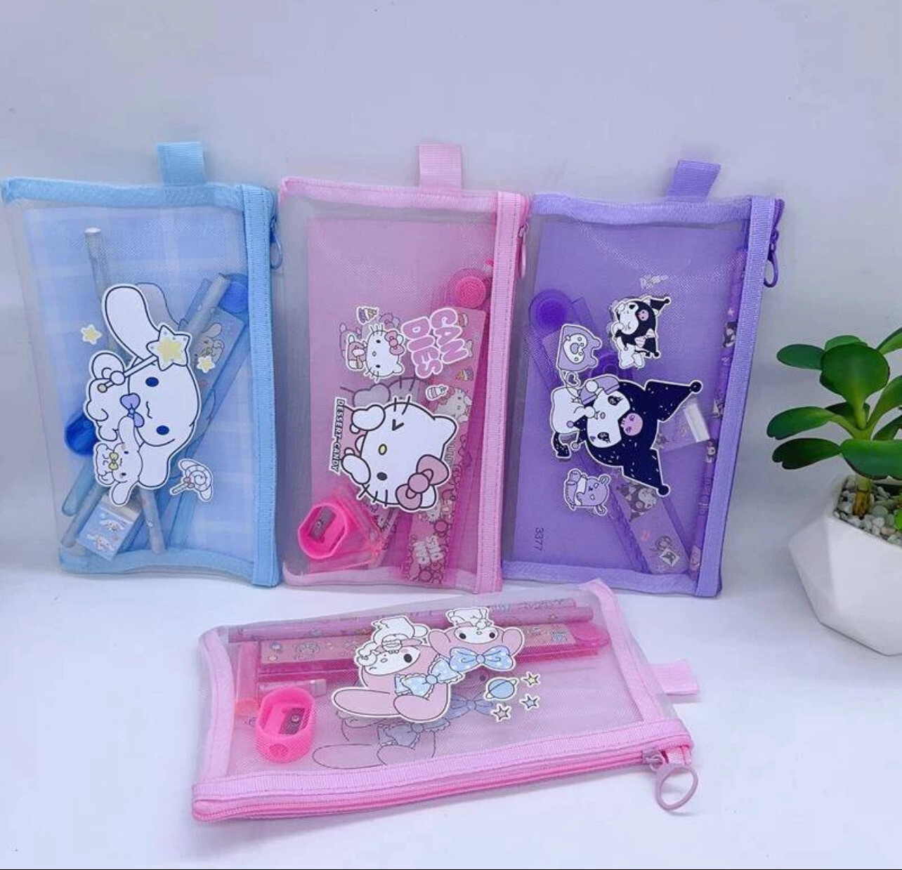 7Pcs/Set Sanrio Mesh Pencil case cartoon gift set Mymelody Kuromi Cinnamoroll Cute student prize stationery set creative kindergarten children&#39;s stationery set 3set