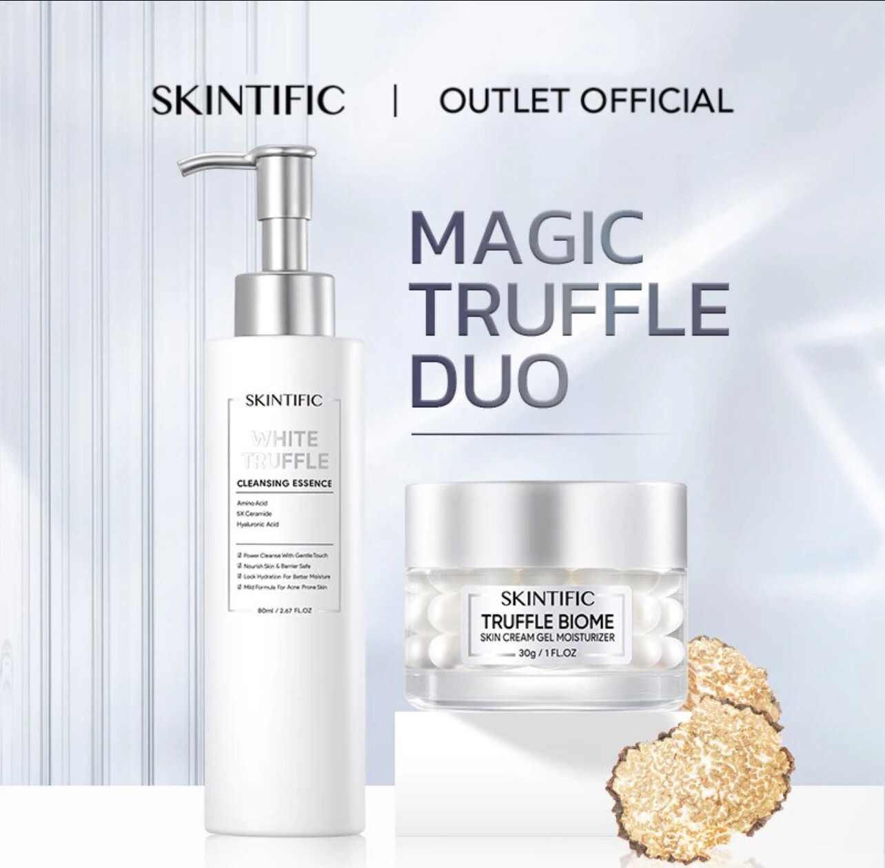 [100% Ori] SKINTIFIC Magic Truffle Duo Biome Skincare Set 2pcs Skin Reborn Cream Gel Moisturizer White Truffle Cleansing 1set