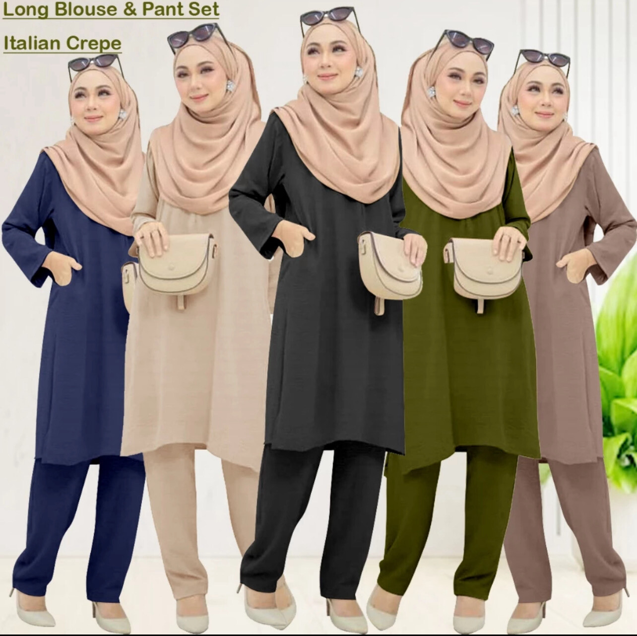 Women Muslimah Casual Suit Long Blouse &amp; Pant Set 2pcs Dress / Italian Crepe S to 3XL