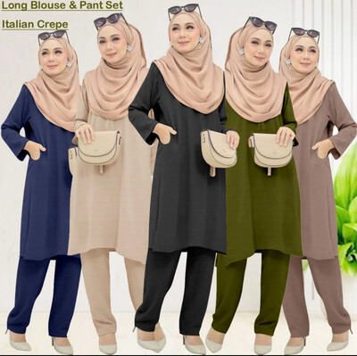 Women Muslimah Casual Suit Long Blouse &amp; Pant Set 2pcs Dress / Italian Crepe S to 3XL
