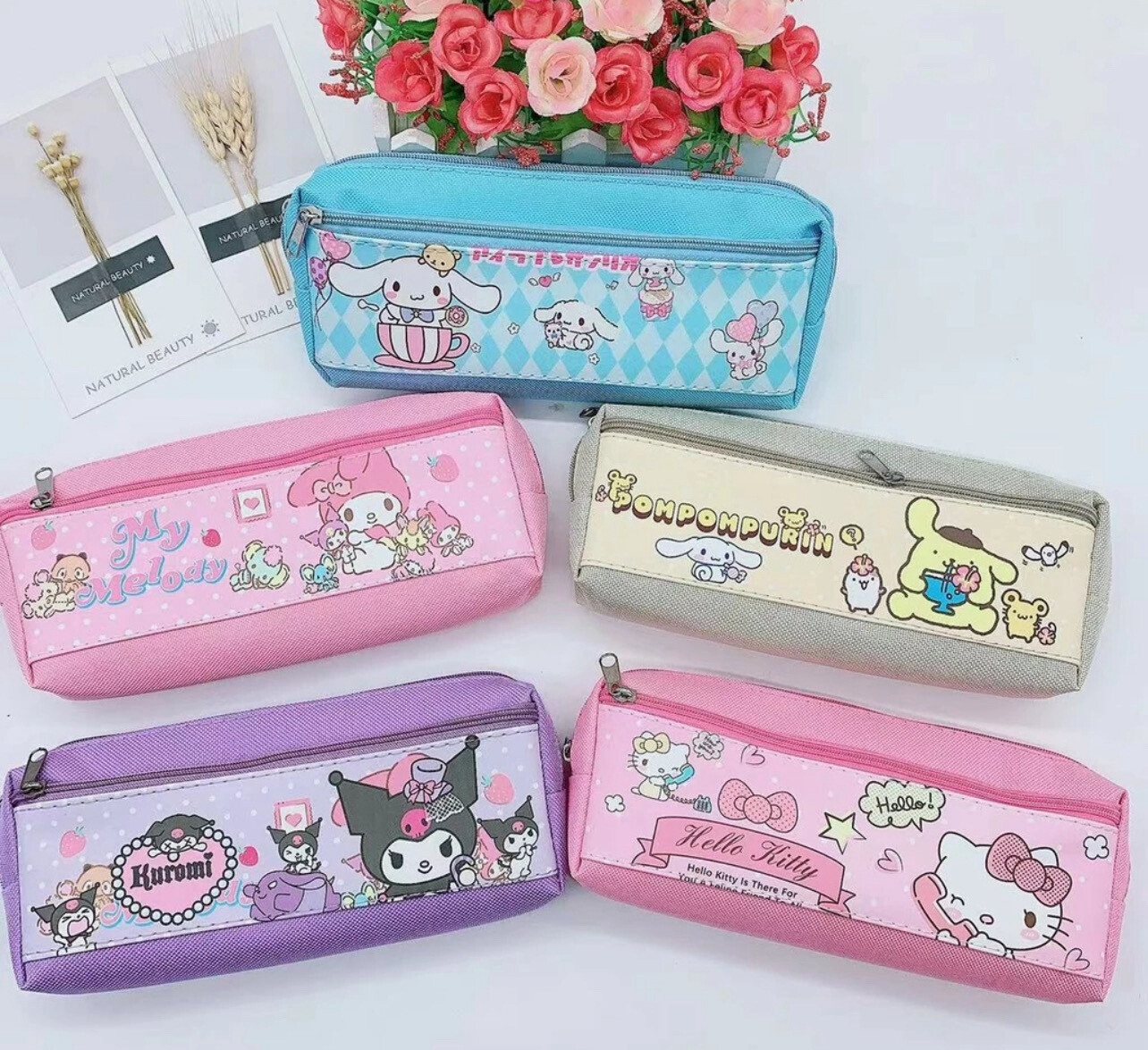 Sanrio pencil case PU Zipper Bag Primary School Students Kuromi Pochacco Cinnamoroll PomPom Melody Hellokitty Stationery Storage 3pcs