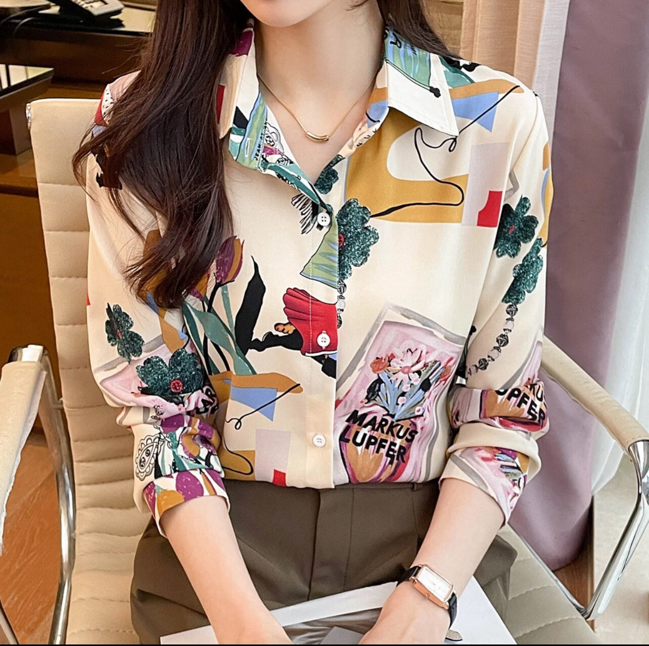 ￼Fashion Women&#39;s New Lapel Top Casual Printed Long Sleeve Comfortable Loose Shirt (S-XL)